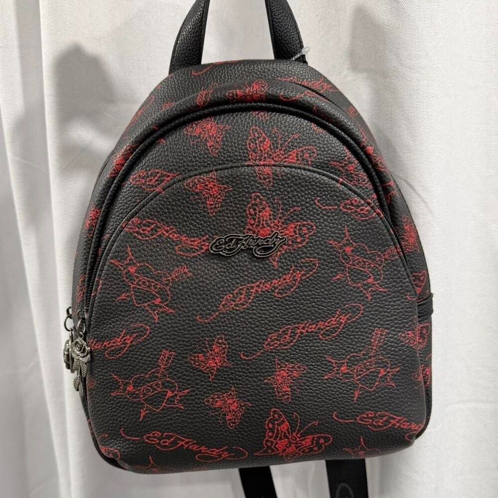 red and black ed hardy backpack with red butterfly and heart details - Picture 2 of 8